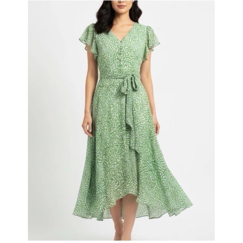 Vince Camuto 2X Wrap Midi Chiffon Dress Abstract Green White Tie Button Lined